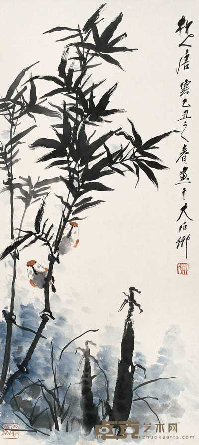 唐云 署年:乙丑(1985) 翠竹小鸟 立轴 83×37cm